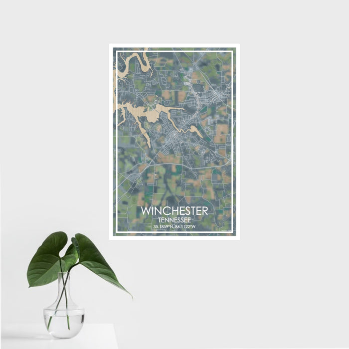 16x24 Winchester Tennessee Map Print Portrait Orientation in Afternoon Style With Tropical Plant Leaves in Water
