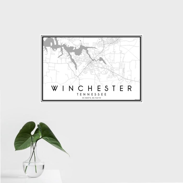 16x24 Winchester Tennessee Map Print Landscape Orientation in Classic Style With Tropical Plant Leaves in Water