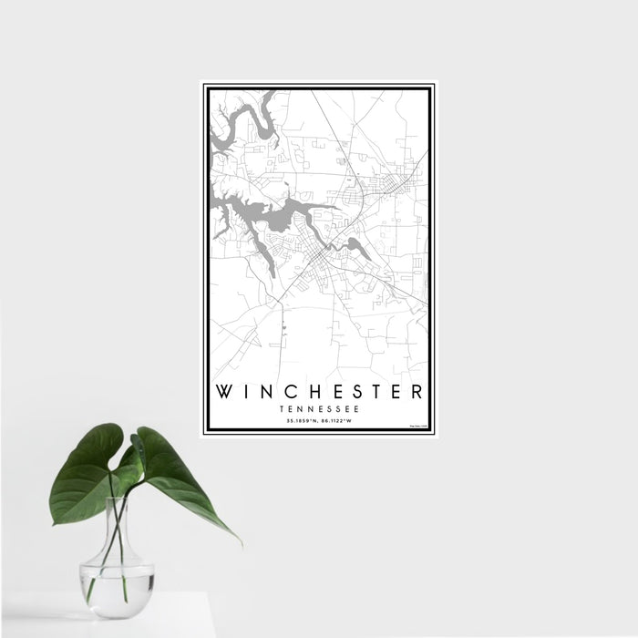 16x24 Winchester Tennessee Map Print Portrait Orientation in Classic Style With Tropical Plant Leaves in Water