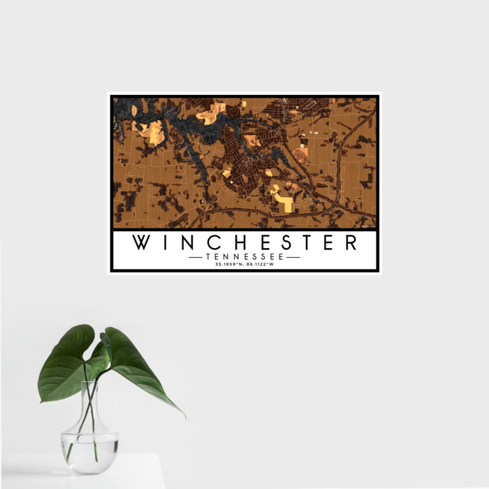 16x24 Winchester Tennessee Map Print Landscape Orientation in Ember Style With Tropical Plant Leaves in Water