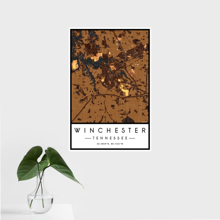 16x24 Winchester Tennessee Map Print Portrait Orientation in Ember Style With Tropical Plant Leaves in Water