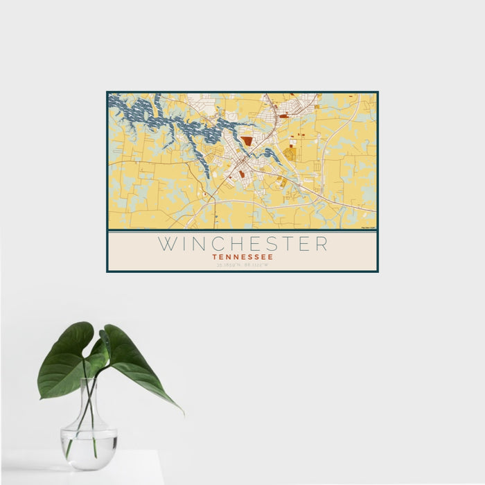 16x24 Winchester Tennessee Map Print Landscape Orientation in Woodblock Style With Tropical Plant Leaves in Water
