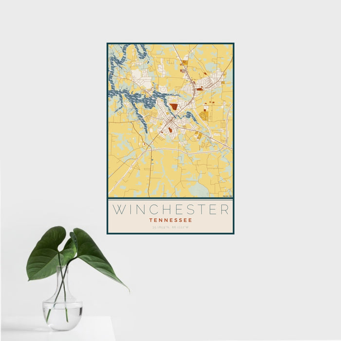 16x24 Winchester Tennessee Map Print Portrait Orientation in Woodblock Style With Tropical Plant Leaves in Water