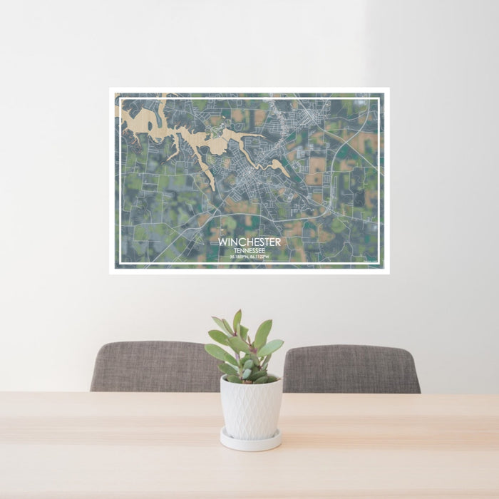 24x36 Winchester Tennessee Map Print Lanscape Orientation in Afternoon Style Behind 2 Chairs Table and Potted Plant