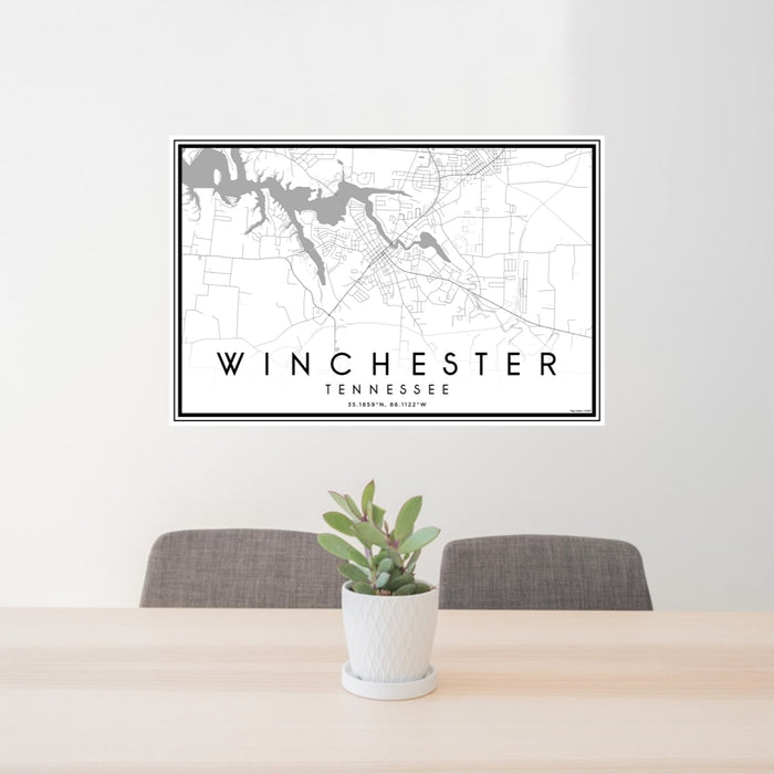 24x36 Winchester Tennessee Map Print Lanscape Orientation in Classic Style Behind 2 Chairs Table and Potted Plant