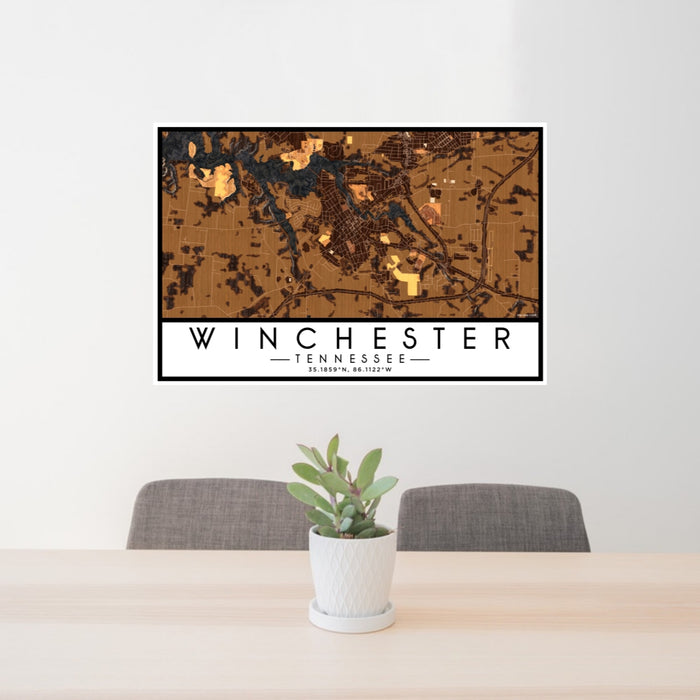 24x36 Winchester Tennessee Map Print Lanscape Orientation in Ember Style Behind 2 Chairs Table and Potted Plant