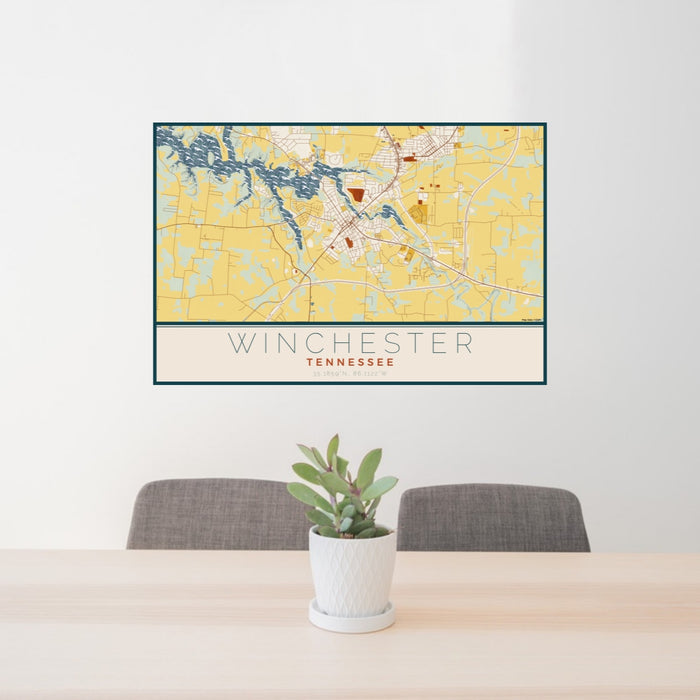 24x36 Winchester Tennessee Map Print Lanscape Orientation in Woodblock Style Behind 2 Chairs Table and Potted Plant