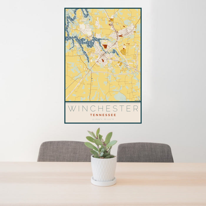 24x36 Winchester Tennessee Map Print Portrait Orientation in Woodblock Style Behind 2 Chairs Table and Potted Plant