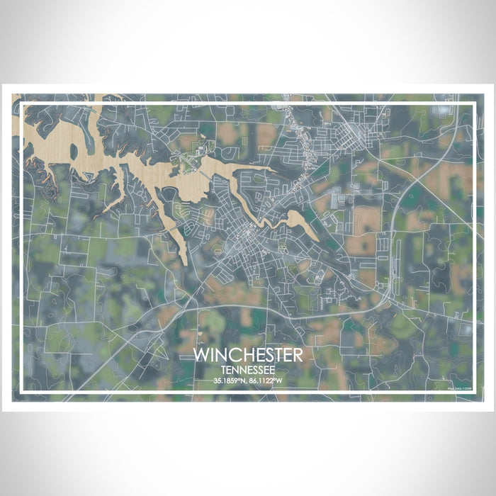 Winchester Tennessee Map Print Landscape Orientation in Afternoon Style With Shaded Background