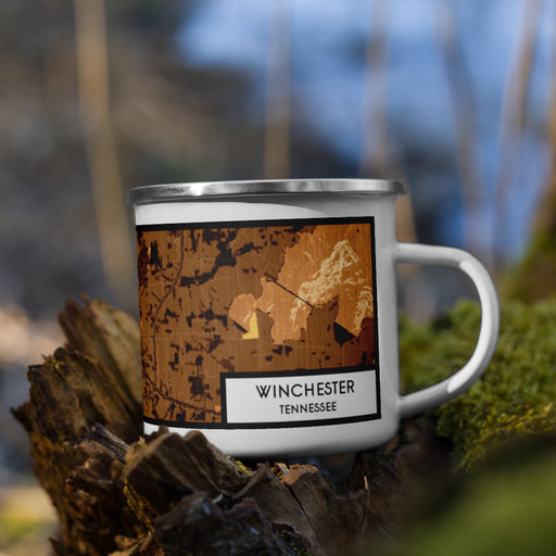 Right View Custom Winchester Tennessee Map Enamel Mug in Ember on Grass With Trees in Background