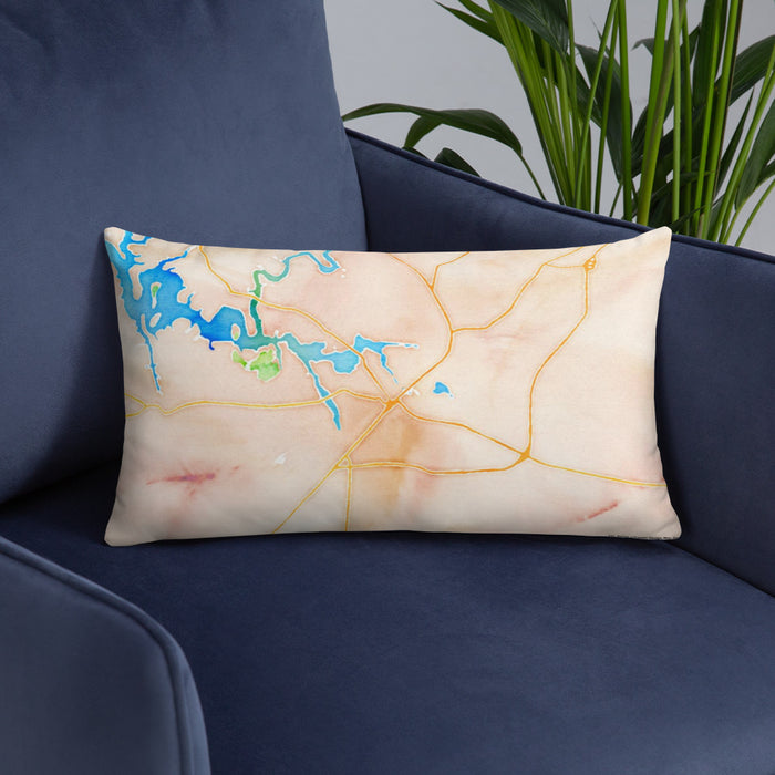 Custom Winchester Tennessee Map Throw Pillow in Watercolor on Blue Colored Chair