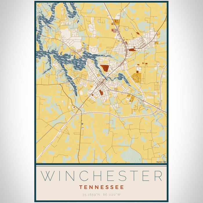 Winchester Tennessee Map Print Portrait Orientation in Woodblock Style With Shaded Background