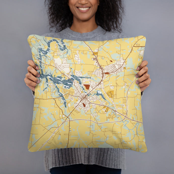 Person holding 18x18 Custom Winchester Tennessee Map Throw Pillow in Woodblock