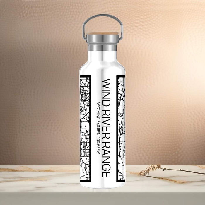 Wind River Range Wyoming Custom City Map Inscription Coordinates on 20oz Stainless Steel Insulated Bottle with Bamboo Top in Matte White with printed Tactile Lines Map in Black