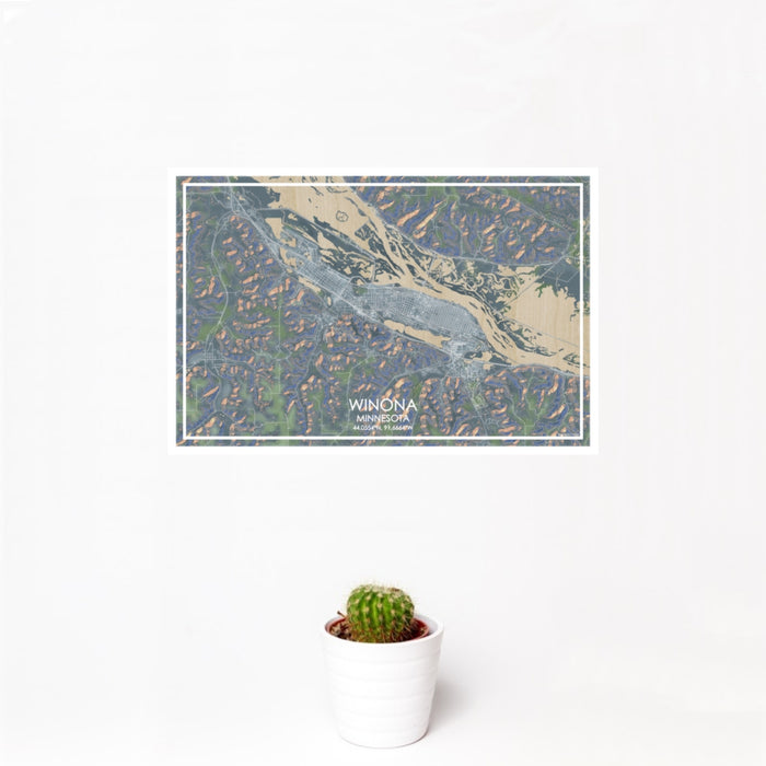 12x18 Winona Minnesota Map Print Landscape Orientation in Afternoon Style With Small Cactus Plant in White Planter