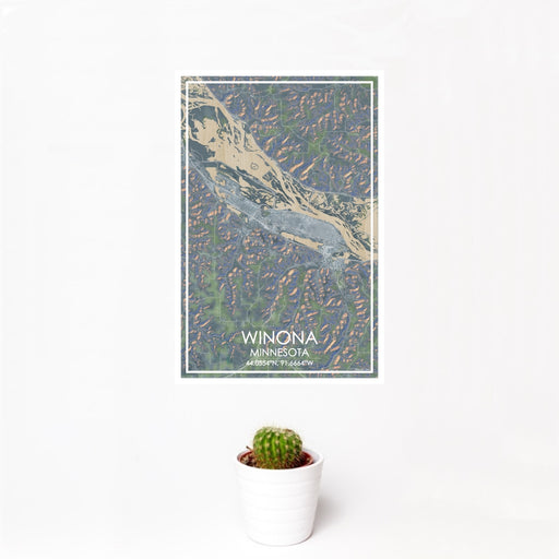 12x18 Winona Minnesota Map Print Portrait Orientation in Afternoon Style With Small Cactus Plant in White Planter