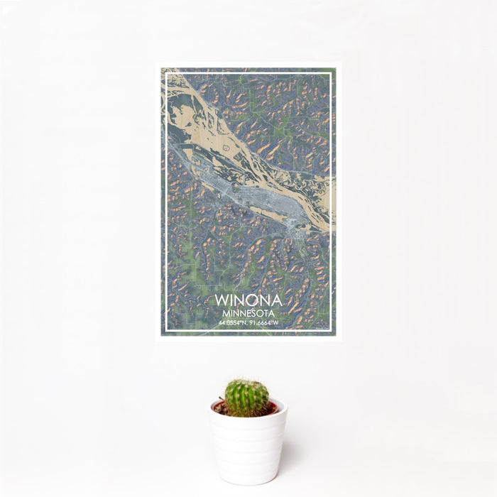 12x18 Winona Minnesota Map Print Portrait Orientation in Afternoon Style With Small Cactus Plant in White Planter