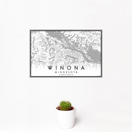 12x18 Winona Minnesota Map Print Landscape Orientation in Classic Style With Small Cactus Plant in White Planter