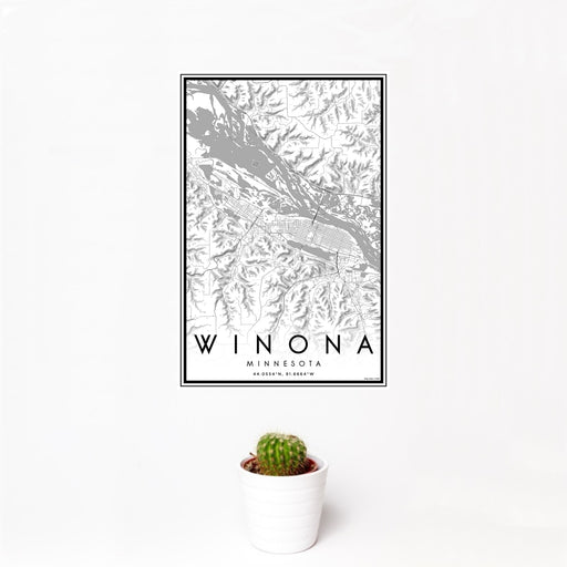 12x18 Winona Minnesota Map Print Portrait Orientation in Classic Style With Small Cactus Plant in White Planter