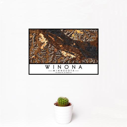 12x18 Winona Minnesota Map Print Landscape Orientation in Ember Style With Small Cactus Plant in White Planter