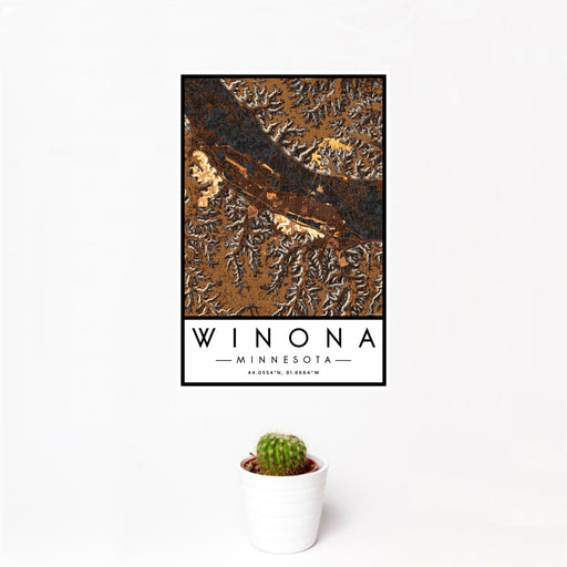 12x18 Winona Minnesota Map Print Portrait Orientation in Ember Style With Small Cactus Plant in White Planter