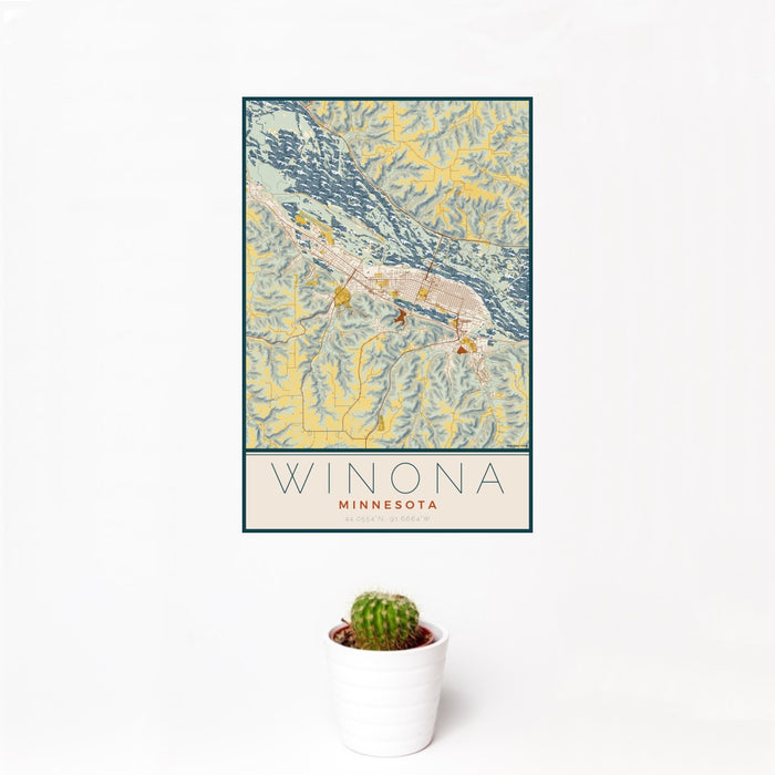 12x18 Winona Minnesota Map Print Portrait Orientation in Woodblock Style With Small Cactus Plant in White Planter