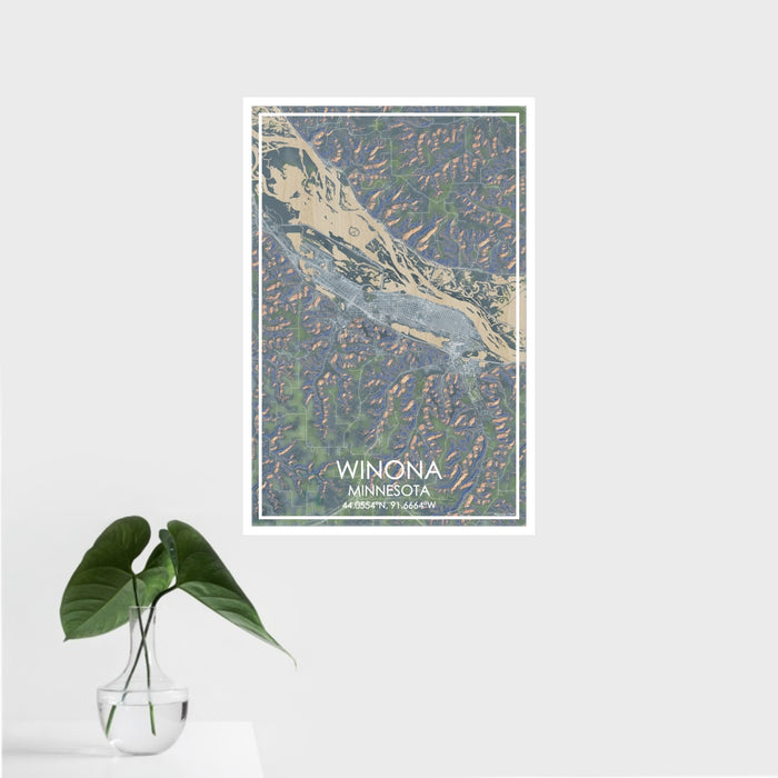 16x24 Winona Minnesota Map Print Portrait Orientation in Afternoon Style With Tropical Plant Leaves in Water