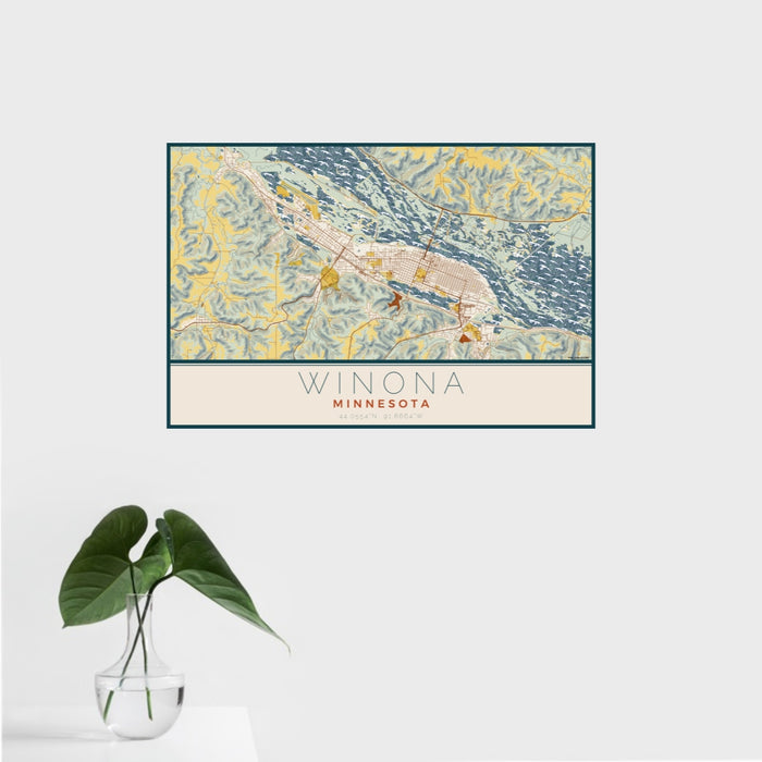 16x24 Winona Minnesota Map Print Landscape Orientation in Woodblock Style With Tropical Plant Leaves in Water