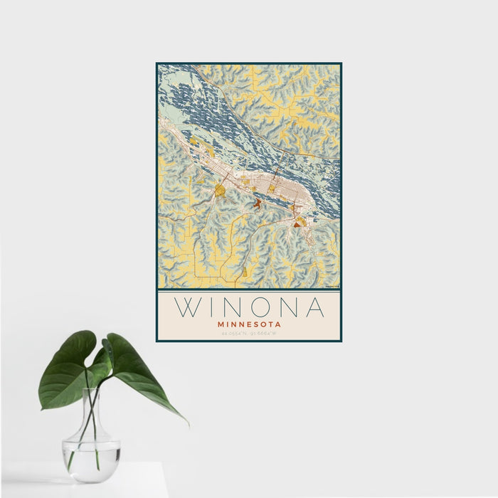 16x24 Winona Minnesota Map Print Portrait Orientation in Woodblock Style With Tropical Plant Leaves in Water