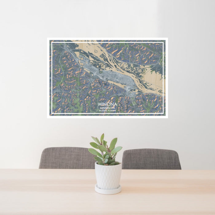 24x36 Winona Minnesota Map Print Lanscape Orientation in Afternoon Style Behind 2 Chairs Table and Potted Plant