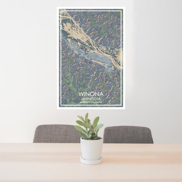 24x36 Winona Minnesota Map Print Portrait Orientation in Afternoon Style Behind 2 Chairs Table and Potted Plant