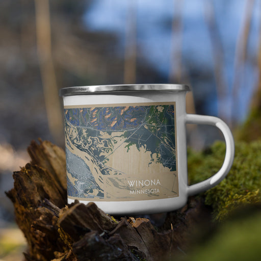 Right View Custom Winona Minnesota Map Enamel Mug in Afternoon on Grass With Trees in Background