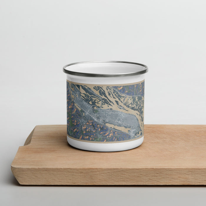 Front View Custom Winona Minnesota Map Enamel Mug in Afternoon on Cutting Board