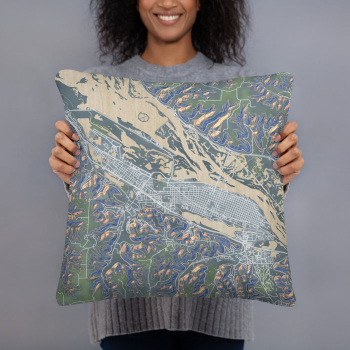 Person holding 18x18 Custom Winona Minnesota Map Throw Pillow in Afternoon