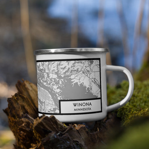 Right View Custom Winona Minnesota Map Enamel Mug in Classic on Grass With Trees in Background