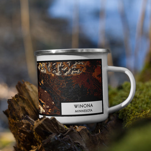 Right View Custom Winona Minnesota Map Enamel Mug in Ember on Grass With Trees in Background