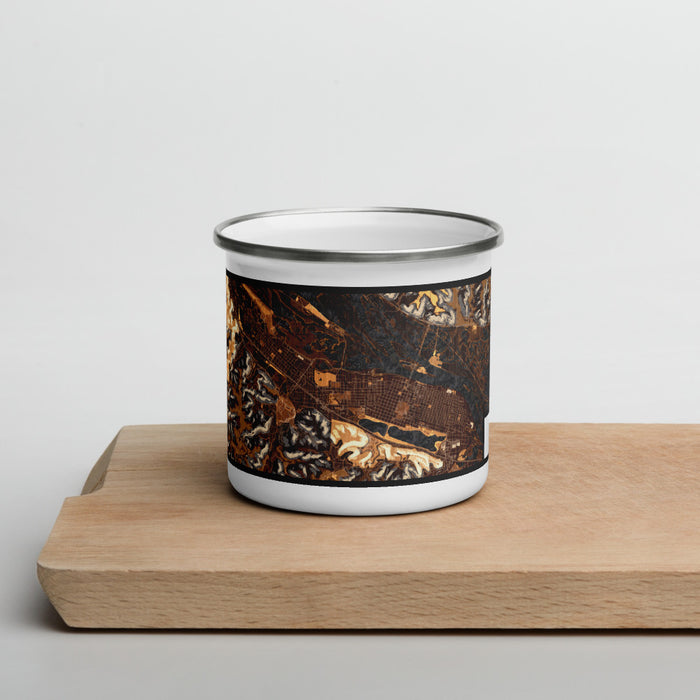 Front View Custom Winona Minnesota Map Enamel Mug in Ember on Cutting Board