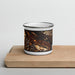 Front View Custom Winona Minnesota Map Enamel Mug in Ember on Cutting Board