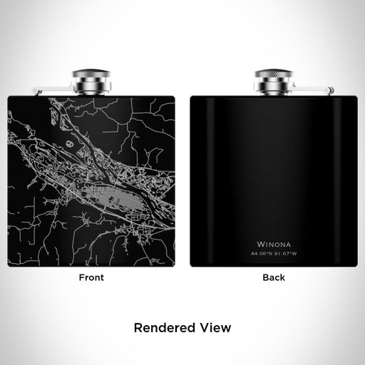 Rendered View of Winona Minnesota Map Engraving on 6oz Stainless Steel Flask in Black