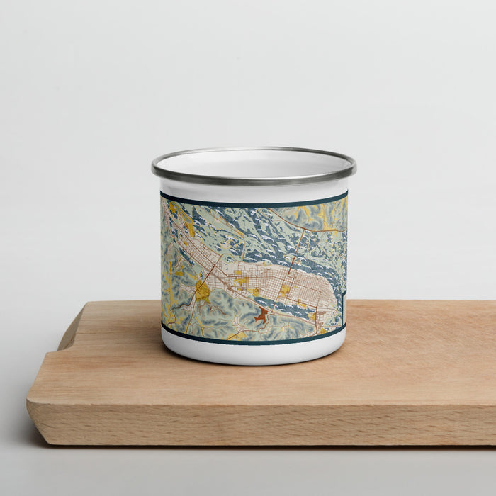 Front View Custom Winona Minnesota Map Enamel Mug in Woodblock on Cutting Board