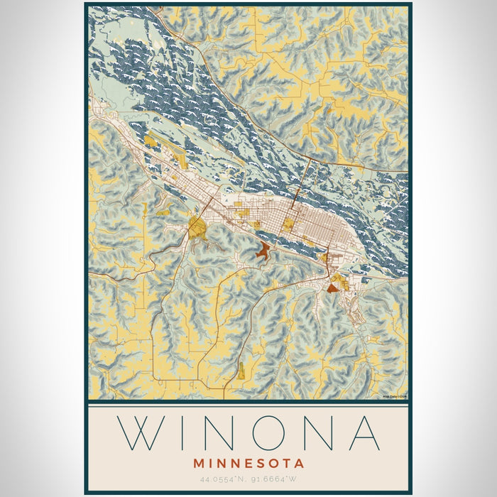 Winona Minnesota Map Print Portrait Orientation in Woodblock Style With Shaded Background