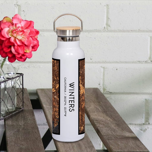 Winters California Custom City Map Inscription Coordinates on 20oz Stainless Steel Insulated Bottle with Bamboo Top with printed ember style map