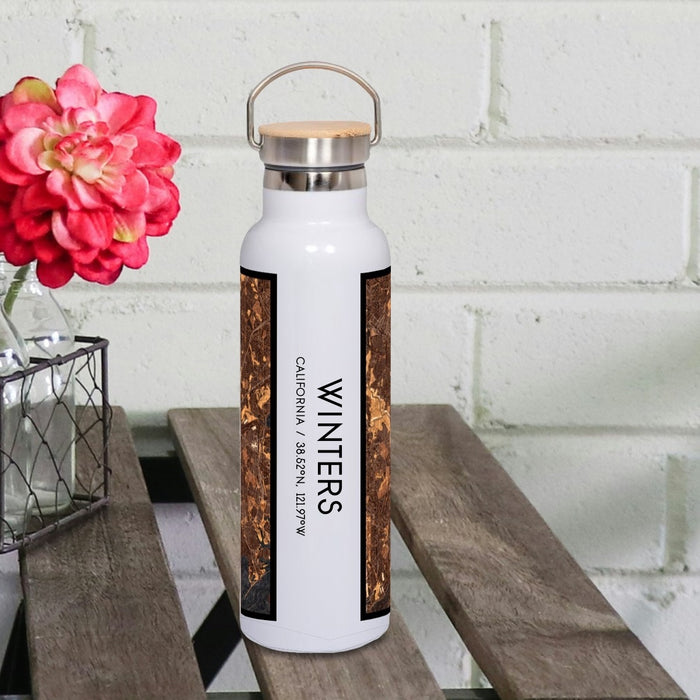 Winters California Custom City Map Inscription Coordinates on 20oz Stainless Steel Insulated Bottle with Bamboo Top with printed ember style map