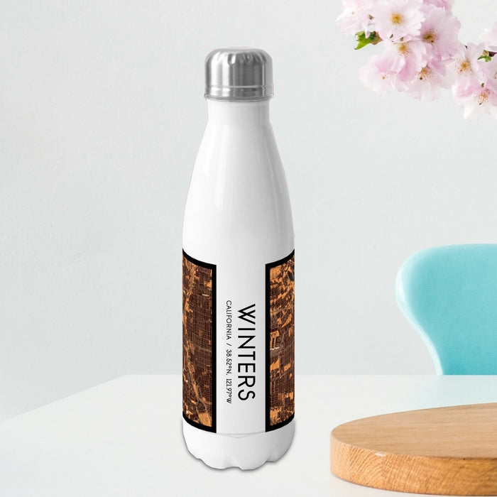 Winters California Custom City Map Inscription Coordinates on 17oz Stainless Steel Insulated Bottle with printed ember style map