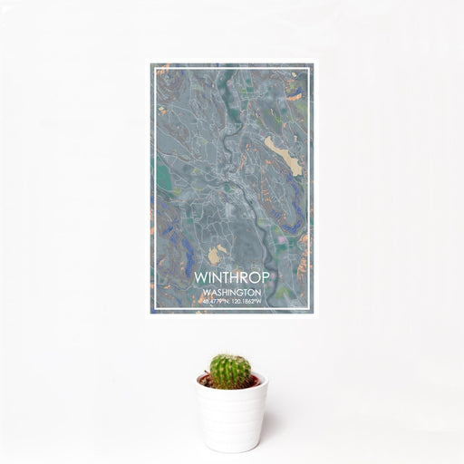 12x18 Winthrop Washington Map Print Portrait Orientation in Afternoon Style With Small Cactus Plant in White Planter