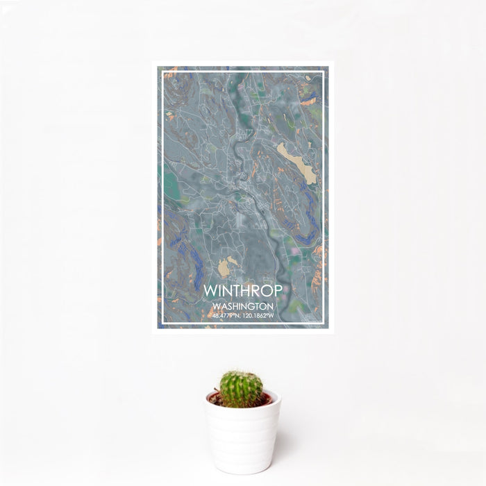 12x18 Winthrop Washington Map Print Portrait Orientation in Afternoon Style With Small Cactus Plant in White Planter