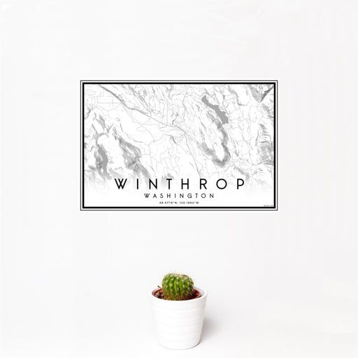 12x18 Winthrop Washington Map Print Landscape Orientation in Classic Style With Small Cactus Plant in White Planter