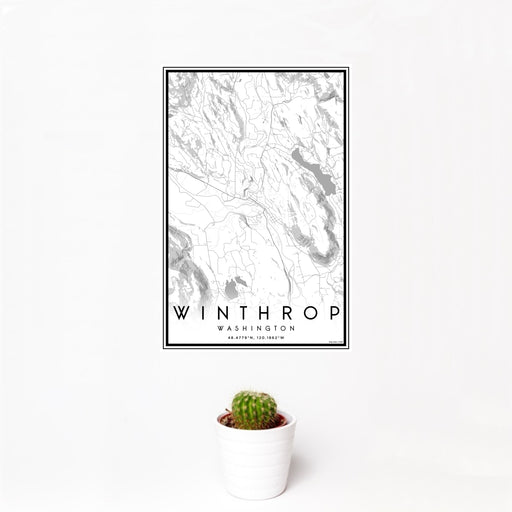 12x18 Winthrop Washington Map Print Portrait Orientation in Classic Style With Small Cactus Plant in White Planter