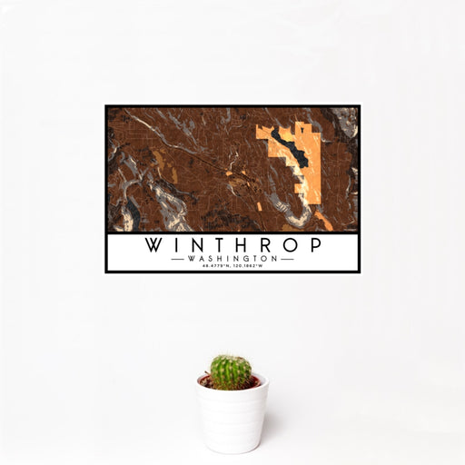 12x18 Winthrop Washington Map Print Landscape Orientation in Ember Style With Small Cactus Plant in White Planter