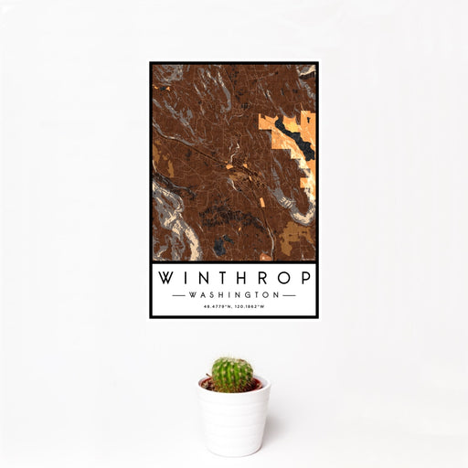12x18 Winthrop Washington Map Print Portrait Orientation in Ember Style With Small Cactus Plant in White Planter